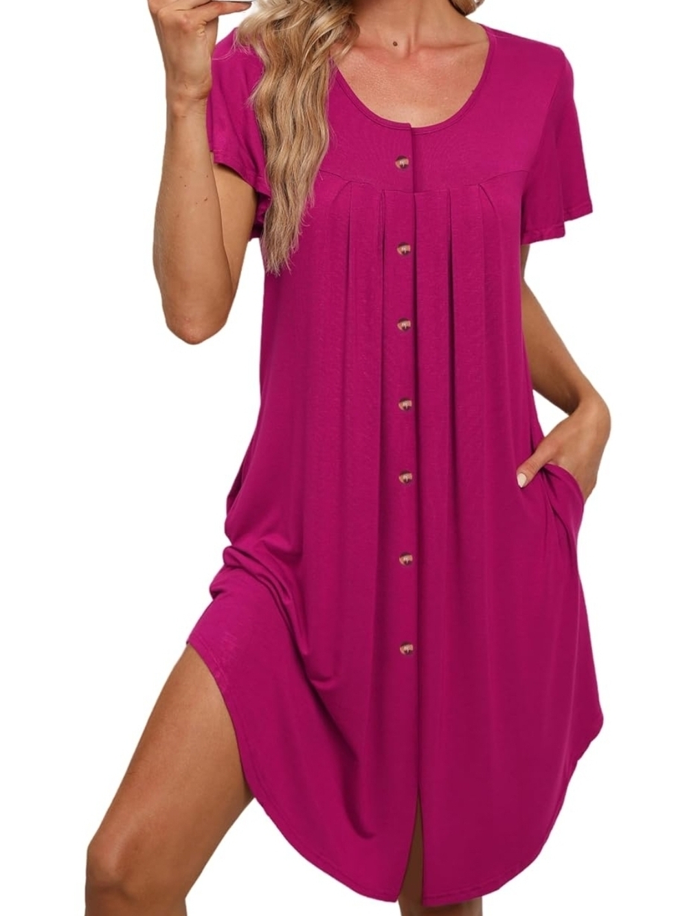 Women's Button Down Nightgown Pleated Front Loose Fit Short Sleeve Sleepwear